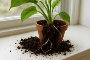 Zbliżenie na roślinę doniczkową z wysypującą się ziemią i widocznymi korzeniami na parapecie