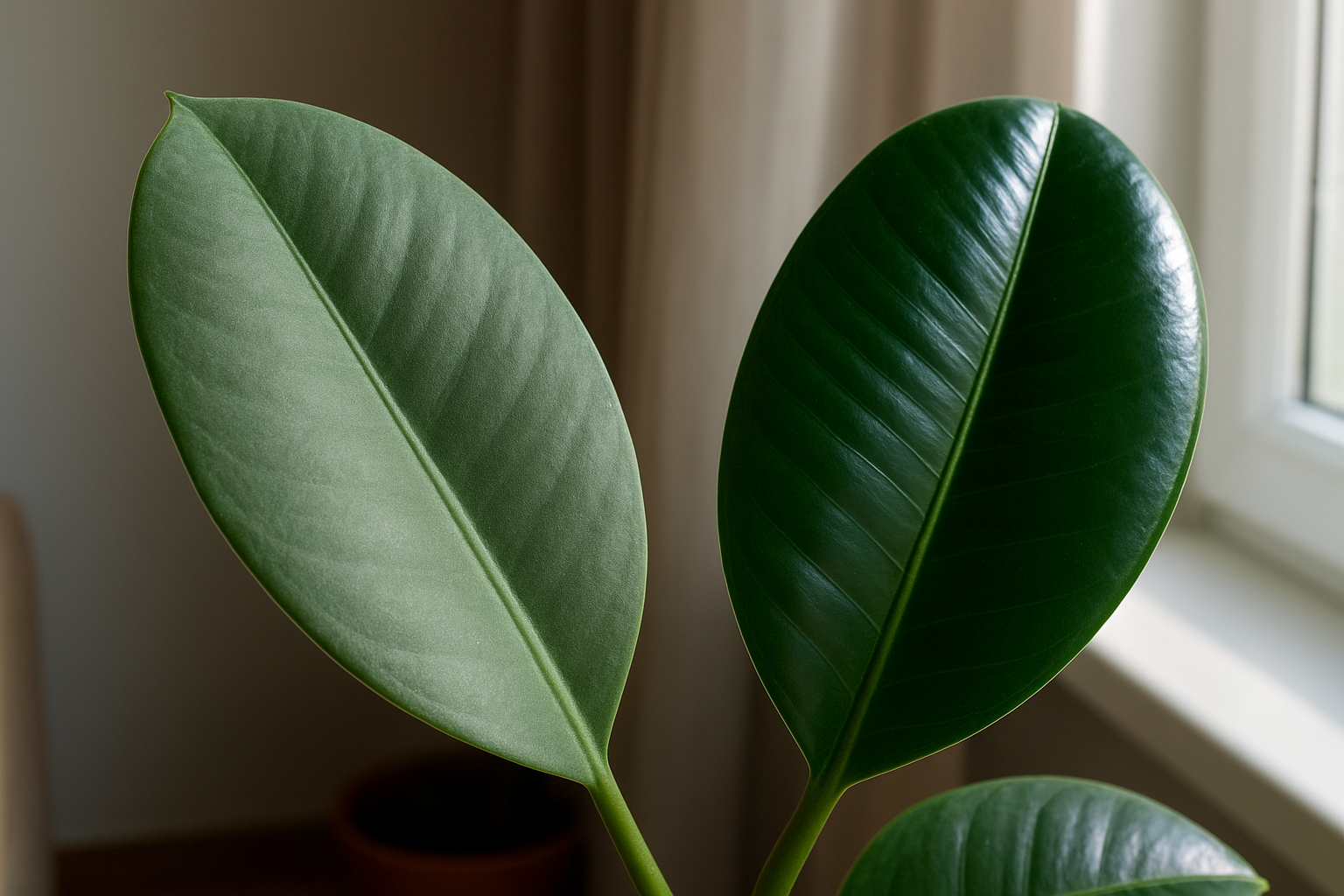 Matowy i błyszczący liść rośliny doniczkowej w mieszkaniu