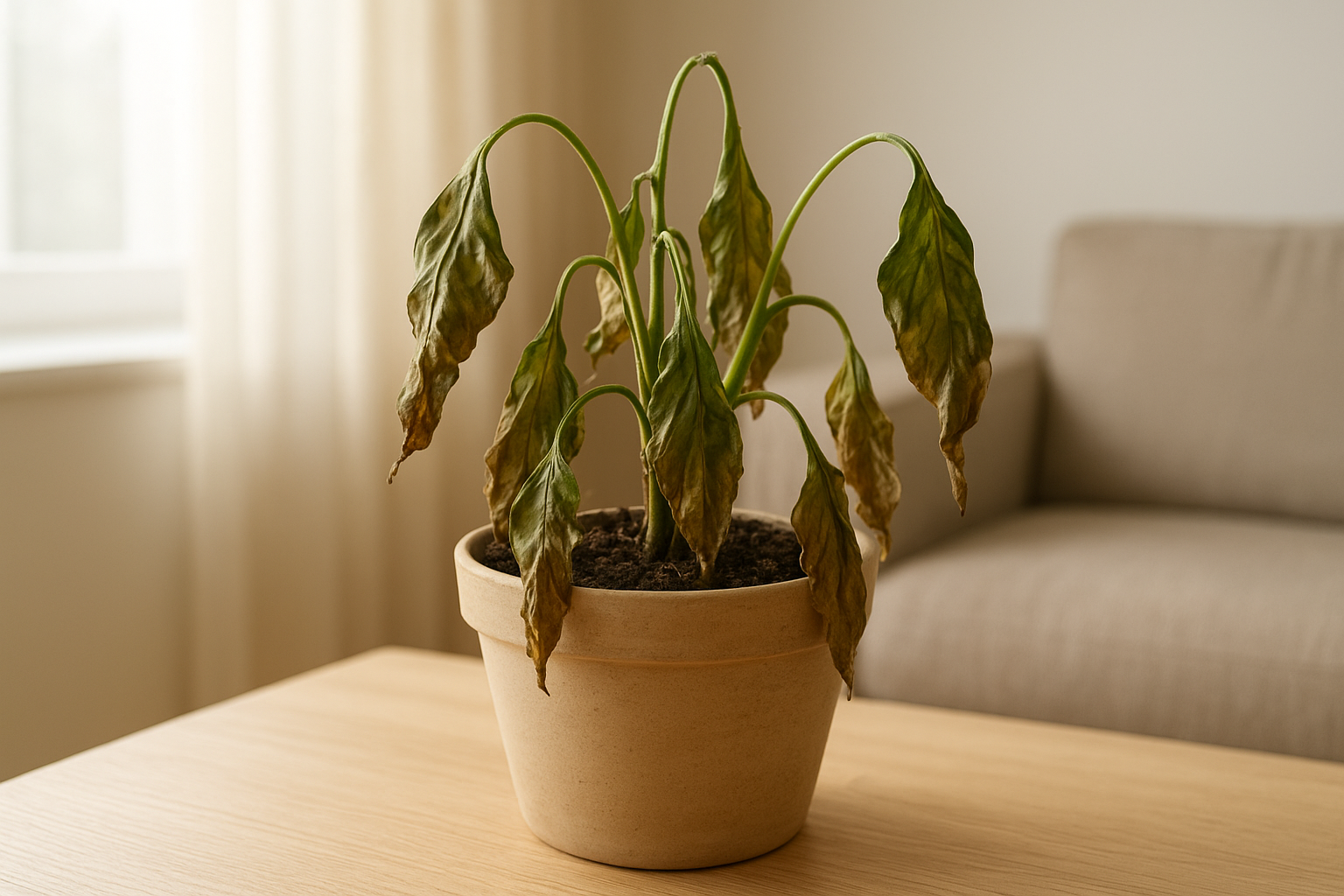 Oklapnięta roślina po zmianie doniczki z zwiędniętymi liśćmi w jasnym, domowym wnętrzu