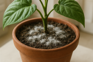 Pleśń na ziemi w doniczce z rośliną w wilgotnym mieszkaniu