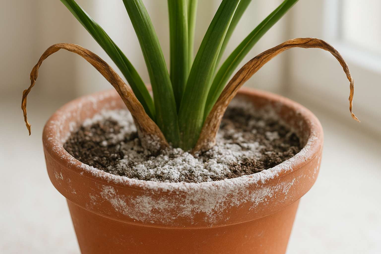 Biały osad na ziemi w doniczce i zasuszone liście – objawy zasolenia twardą wodą u rośliny domowej
