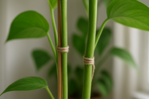 Zdrowe pędy roślin doniczkowych zabezpieczone podpórkami w jasnym wnętrzu