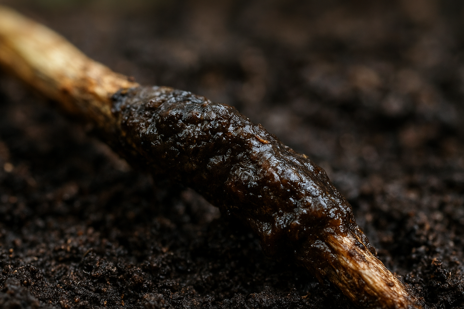 Zgniła łodyga rośliny doniczkowej z objawami ciemnienia i śluzowatości w ziemi