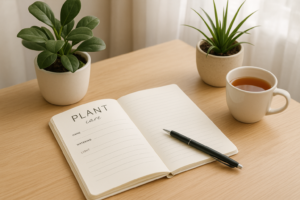 Dziennik pielęgnacji roślin obok doniczkowych roślin na stole, długopis i kubek z herbatą.