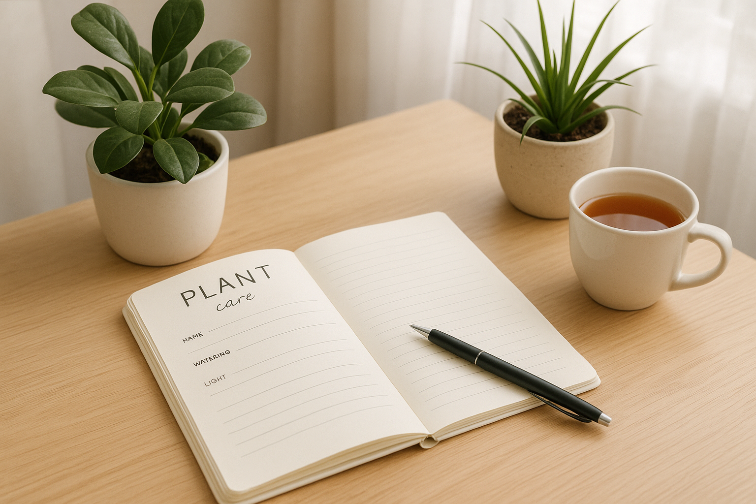 Dziennik pielęgnacji roślin obok doniczkowych roślin na stole, długopis i kubek z herbatą.