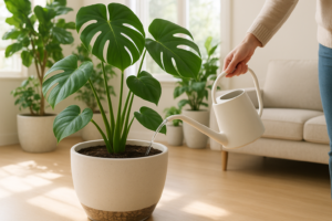 Podlewanie dużej rośliny doniczkowej w ciężkiej ceramicznej donicy w jasnym salonie