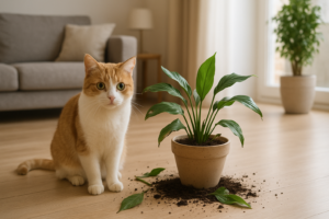 Kot przy uszkodzonej roślinie doniczkowej w jasnym, nowoczesnym wnętrzu