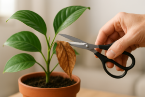 Przycinanie uschniętego liścia rośliny doniczkowej – praktyczna pielęgnacja domowa