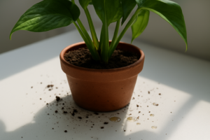 Roślina doniczkowa stojąca na blacie z widocznymi opiłkami ziemi i lepkimi kroplami soku.