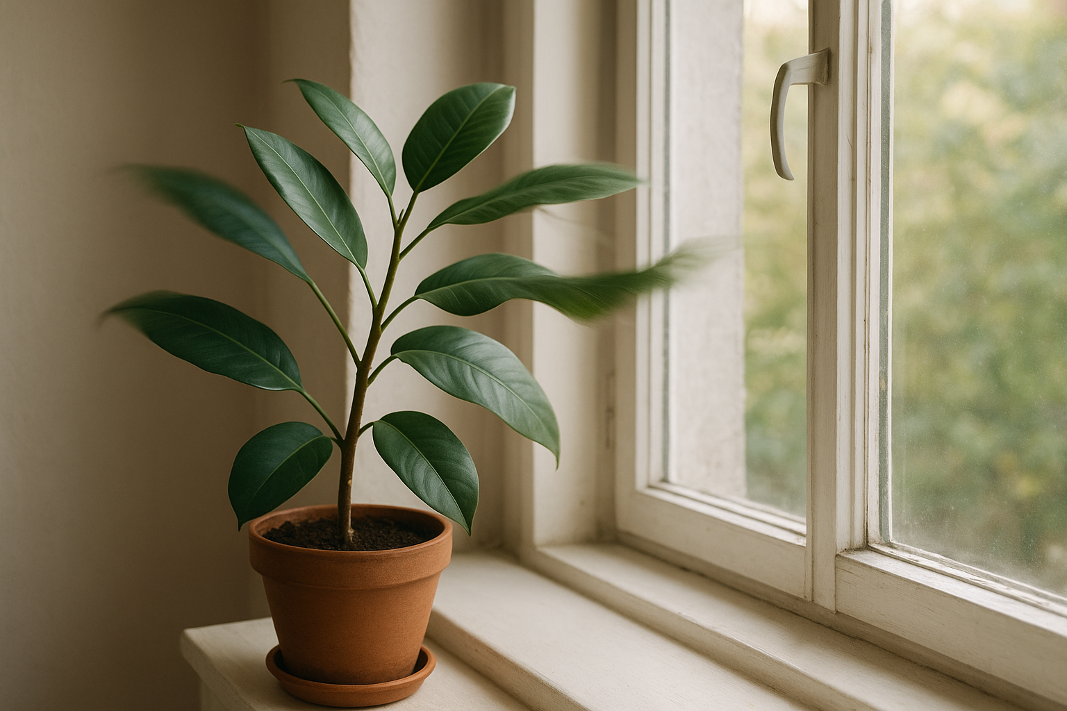 Fikus w doniczce stojący przy otwartym oknie, liście poruszane przez przeciąg w domowym wnętrzu