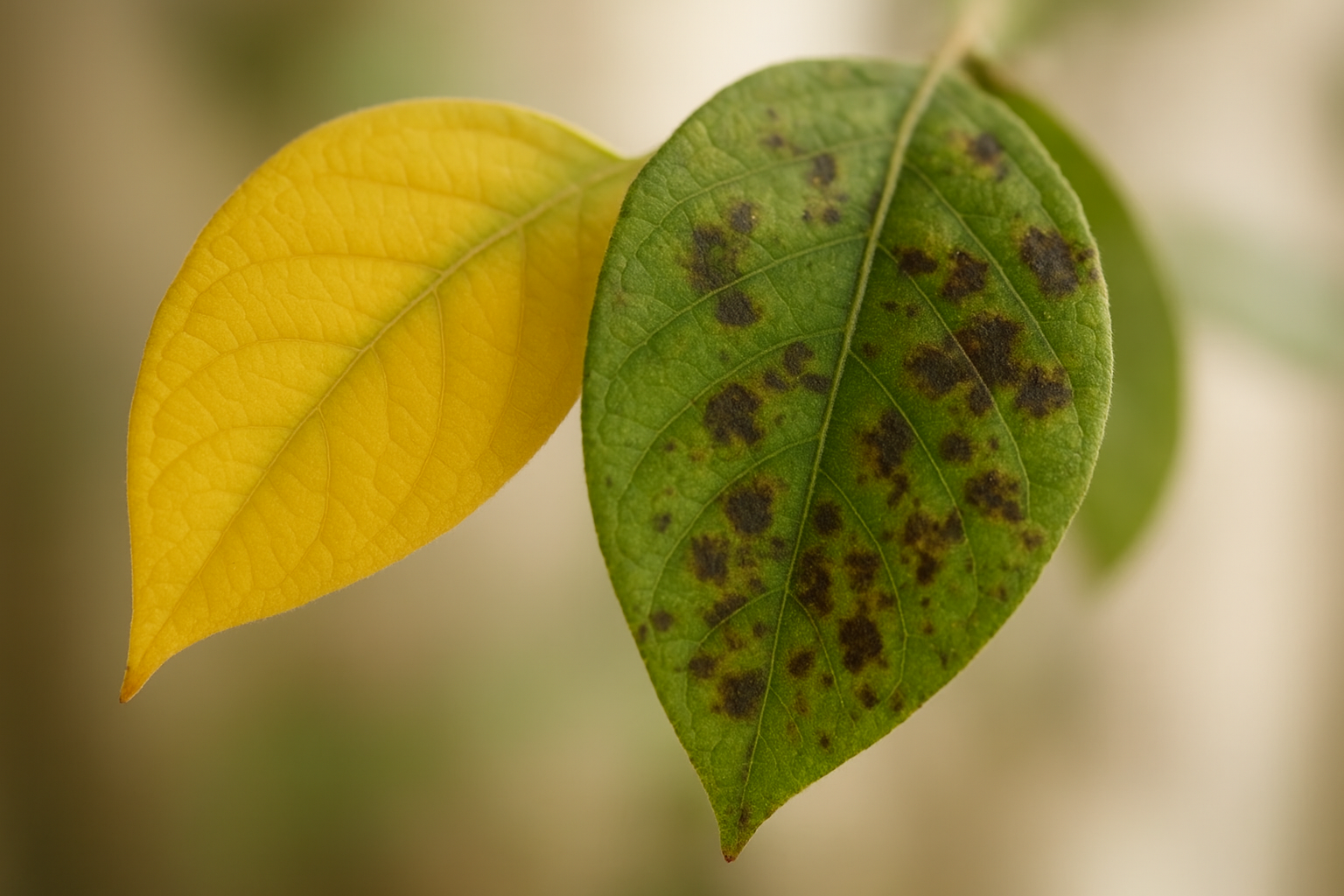Liście rośliny doniczkowej – jeden żółknący naturalnie, drugi z plamami chorobowymi