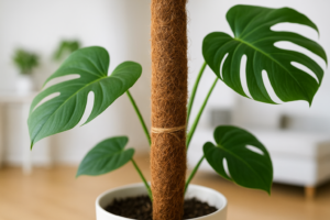 Monstera podparta palikiem kokosowym w nowoczesnym wnętrzu