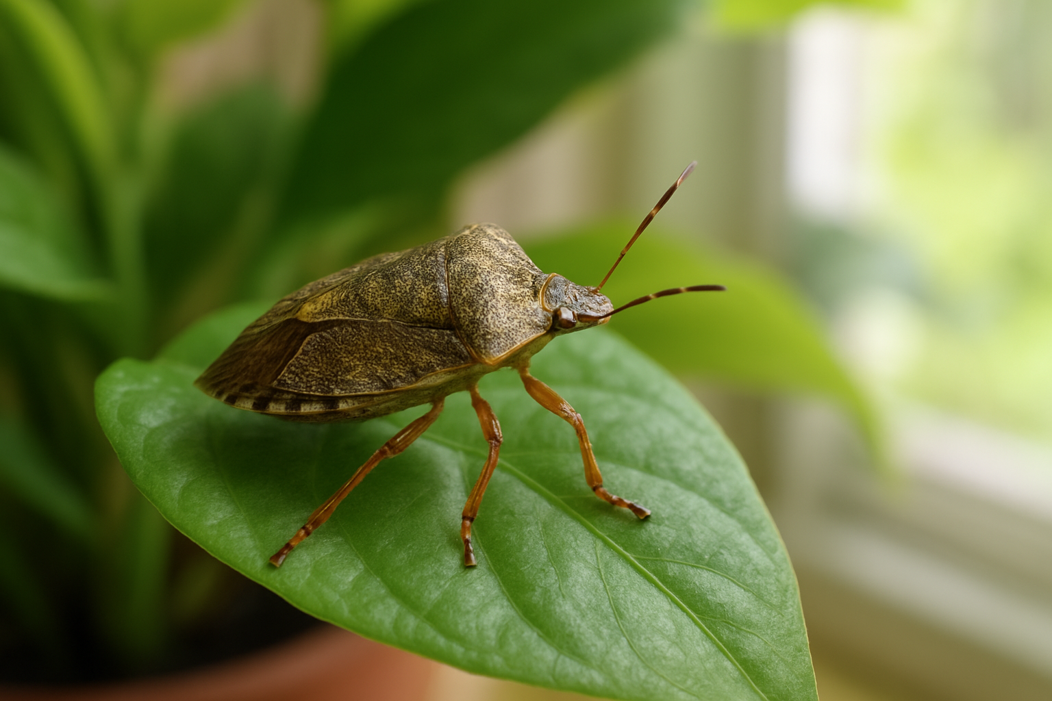 Misecznik na liściu rośliny doniczkowej – makrofotografia przedstawiająca szkodnika i szczegóły liścia.
