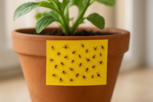 Lepowa tablica w doniczce z przyklejonymi szkodnikami – skuteczna ochrona roślin doniczkowych