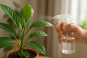 Oprysk naturalny na mszyce na liściach rośliny doniczkowej w domu