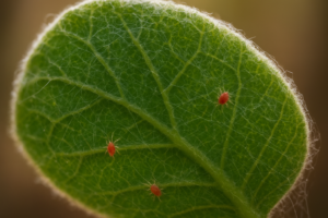 Przędziorki na spodniej stronie liścia rośliny doniczkowej – delikatna pajęczynka i widoczne szkodniki.