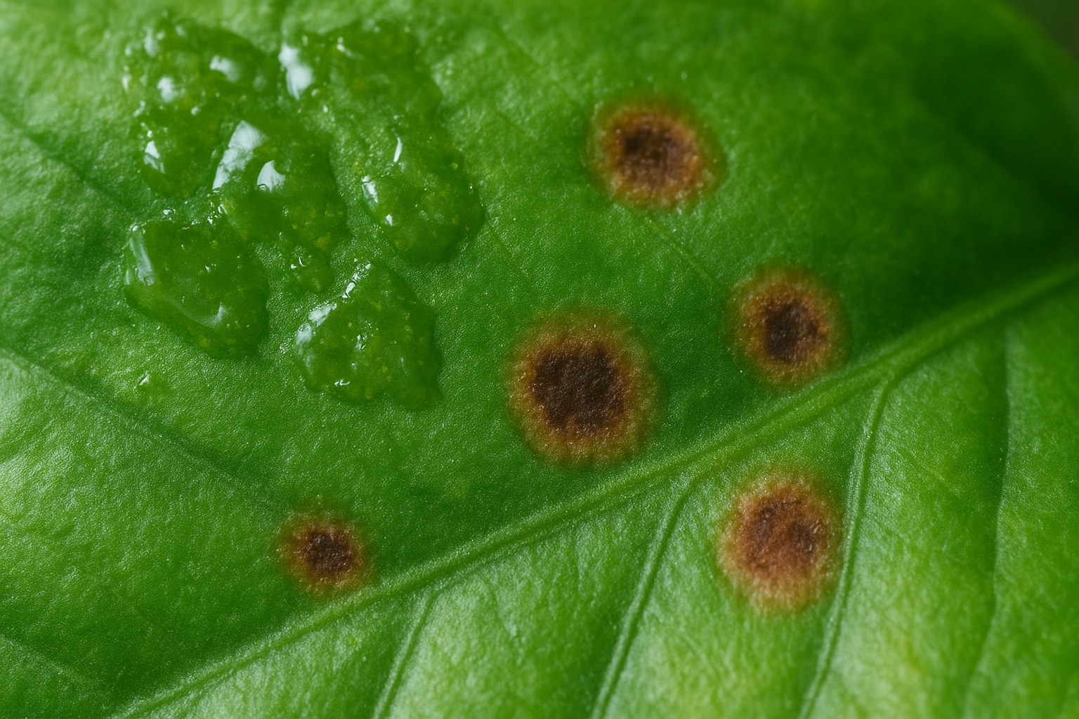 Liść rośliny doniczkowej z objawami chorób bakteryjnych i grzybowych – porównanie różnic.