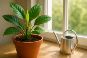 Zdrowa roślina doniczkowa wypuszczająca nowe pędy przy oknie, obok konewki.