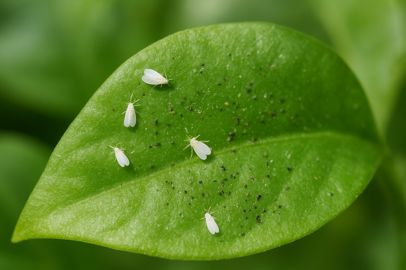 Liść rośliny zaatakowanej przez mączliki z widocznymi białymi owadami.
