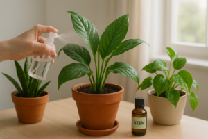 Rośliny doniczkowe spryskiwane olejkiem neem w domowym wnętrzu