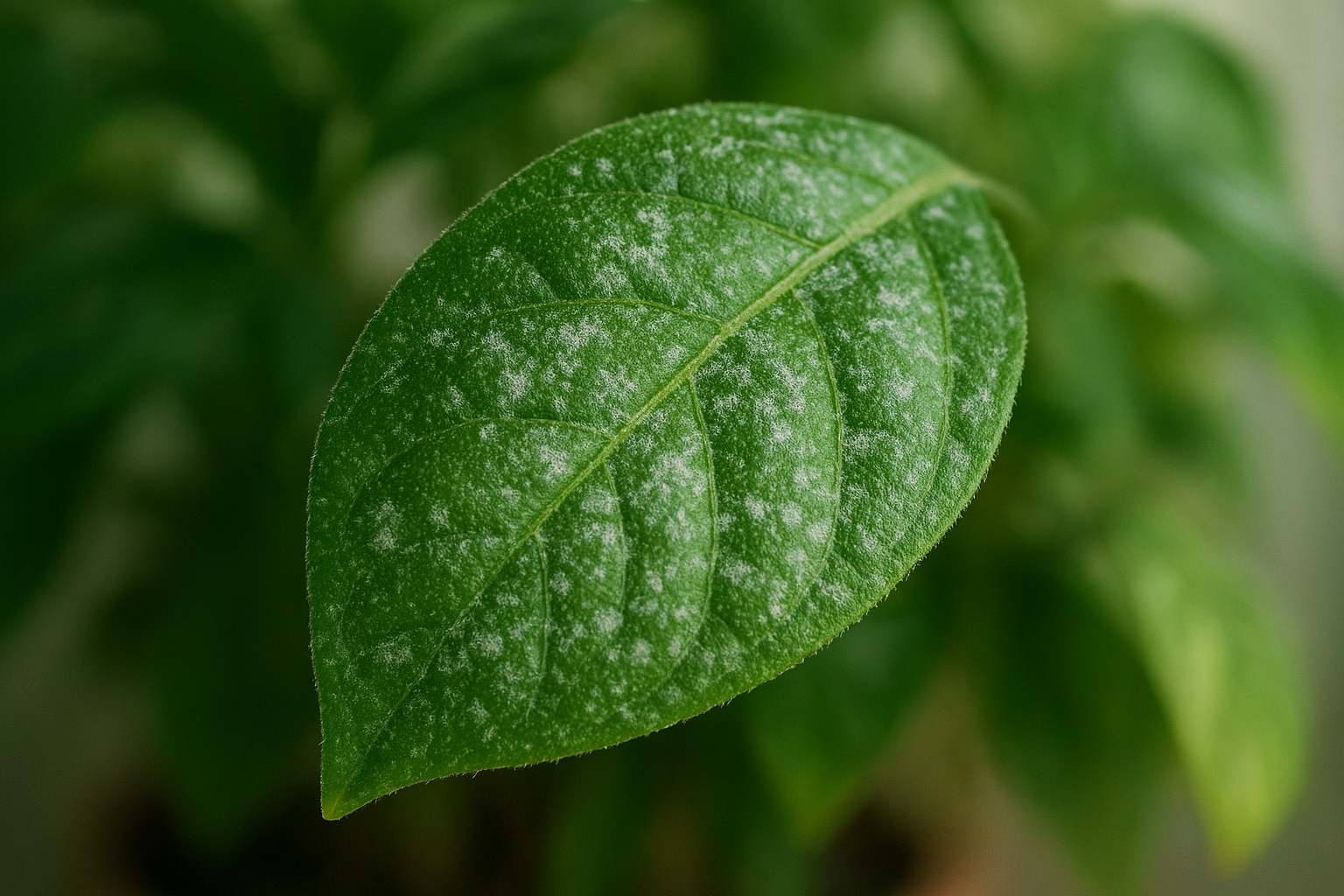 Liść z objawami mączniaka prawdziwego – biały nalot na roślinie doniczkowej