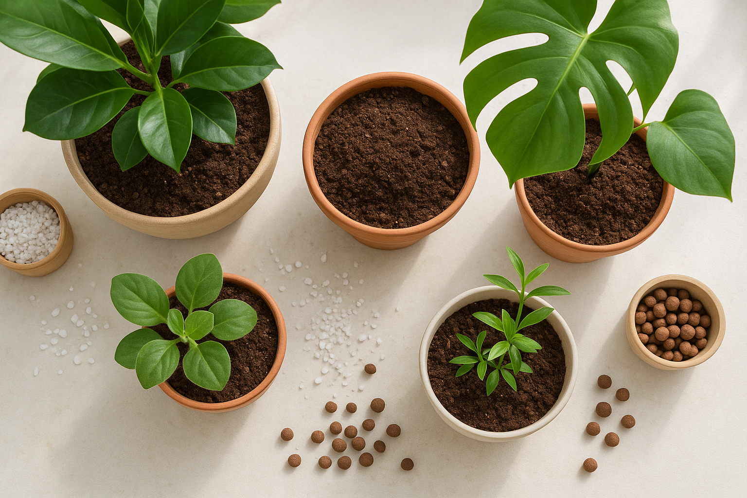 Zdrowe rośliny doniczkowe w jasnym wnętrzu, z czystą, suchą ziemią bez śladów pleśni i z widocznym drenażem.