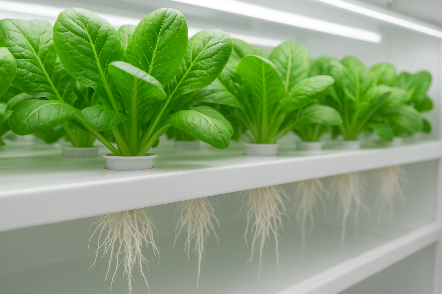 Zdrowe rośliny hydroponiczne z widocznymi białymi korzeniami w czystym systemie, symbol profilaktyki chorób w hydroponice