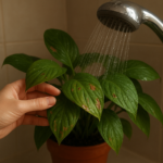 Przemywanie liści rośliny doniczkowej po chemicznym oprysku