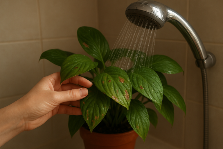 Przemywanie liści rośliny doniczkowej po chemicznym oprysku