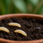 Szkodniki w ziemi ogrodowej w doniczce – larwy ziemiórek i skoczogonki na powierzchni podłoża domowej rośliny