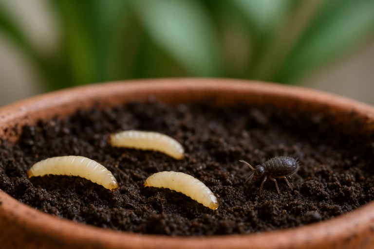 Szkodniki w ziemi ogrodowej w doniczce – larwy ziemiórek i skoczogonki na powierzchni podłoża domowej rośliny