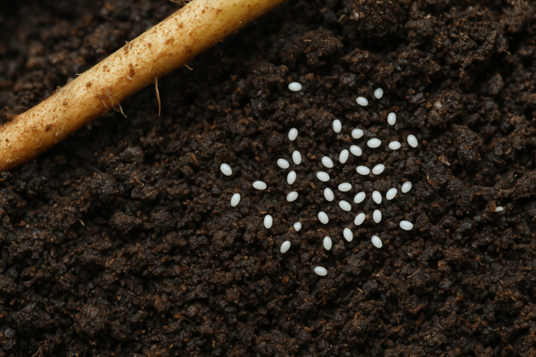 Makrofotografia jaj szkodników widocznych w ziemi doniczkowej pod korzeniami rośliny