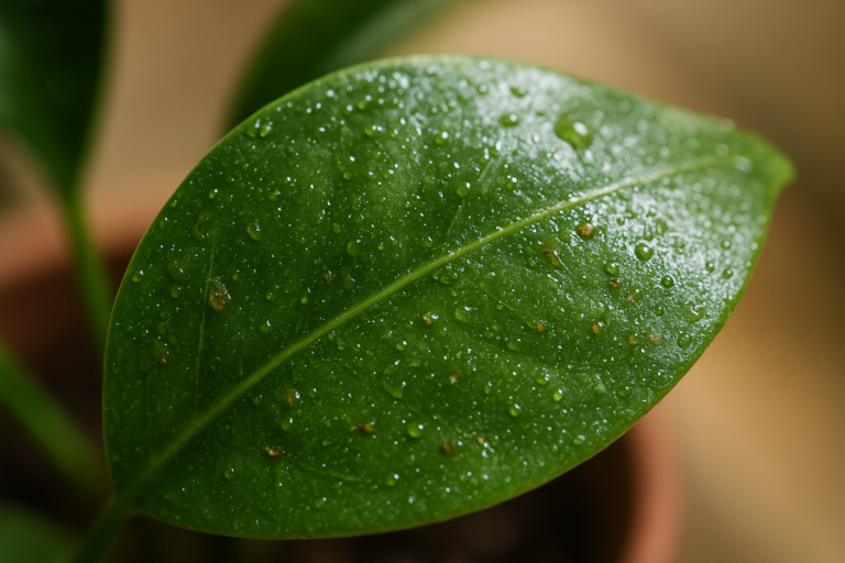 Zbliżenie na lepkie liście rośliny doniczkowej ze śladami spadzi i szkodników