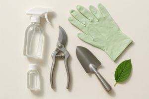 Dezynfekcja narzędzi ogrodniczych – czyste sekatory, łopatka, butelka alkoholu i zielony liść na jasnym tle.