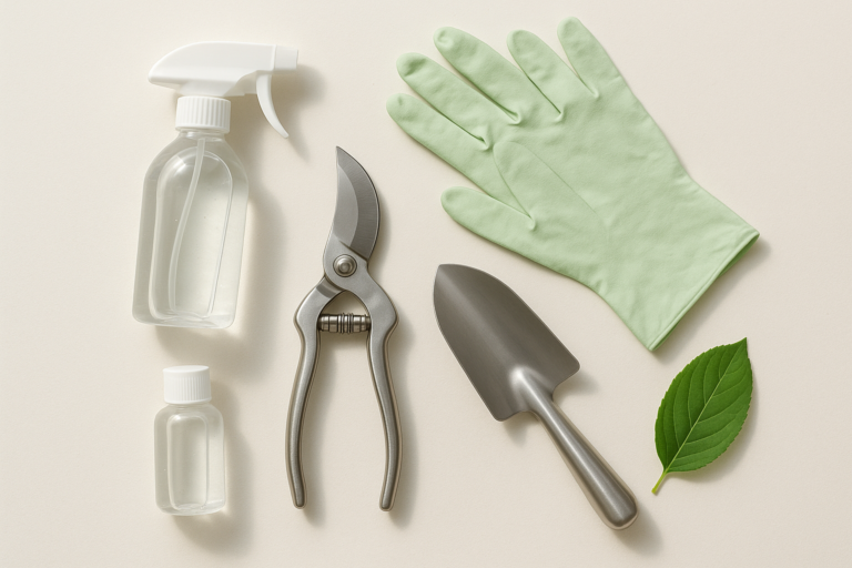 Dezynfekcja narzędzi ogrodniczych – czyste sekatory, łopatka, butelka alkoholu i zielony liść na jasnym tle.