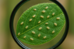 Liść rośliny doniczkowej pod lupą z widocznymi mikroskopijnymi pasożytami