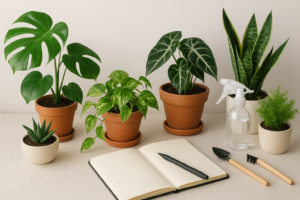 Domowa kolekcja roślin doniczkowych, narzędzia do pielęgnacji i plan ochrony na stole.