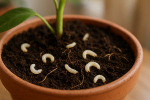 Białe larwy szkodników w ziemi doniczkowej – wykrywanie szkodników przy korzeniach rośliny