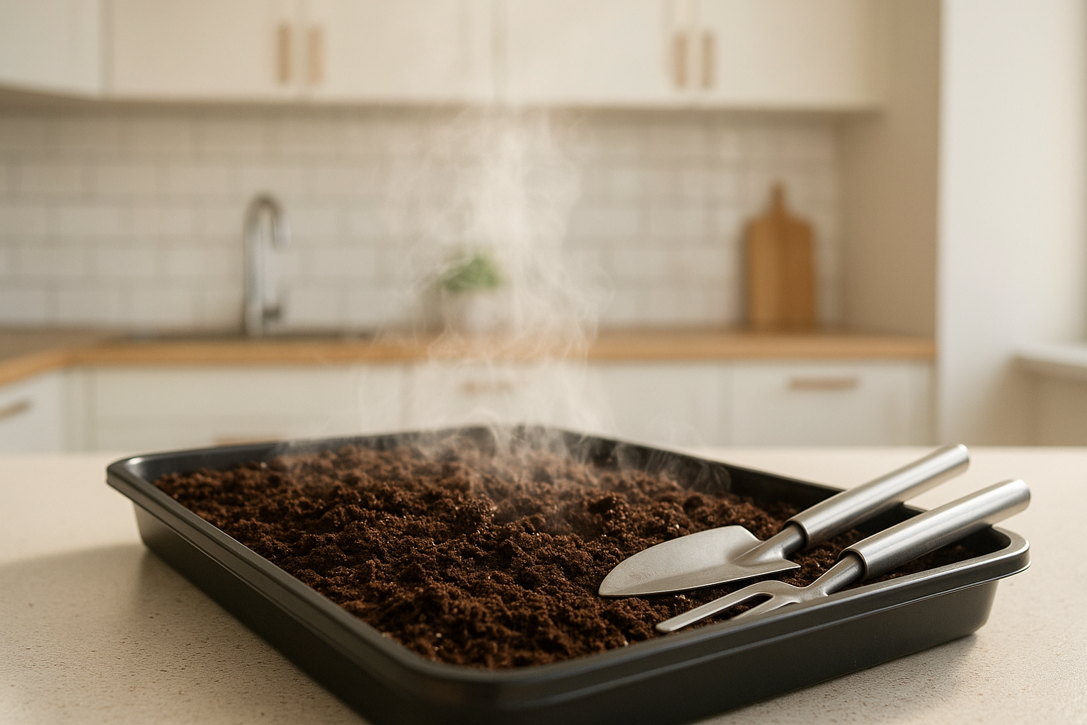 Dezynfekcja ziemi doniczkowej w domu – taca z parującą ziemią i narzędziami ogrodniczymi