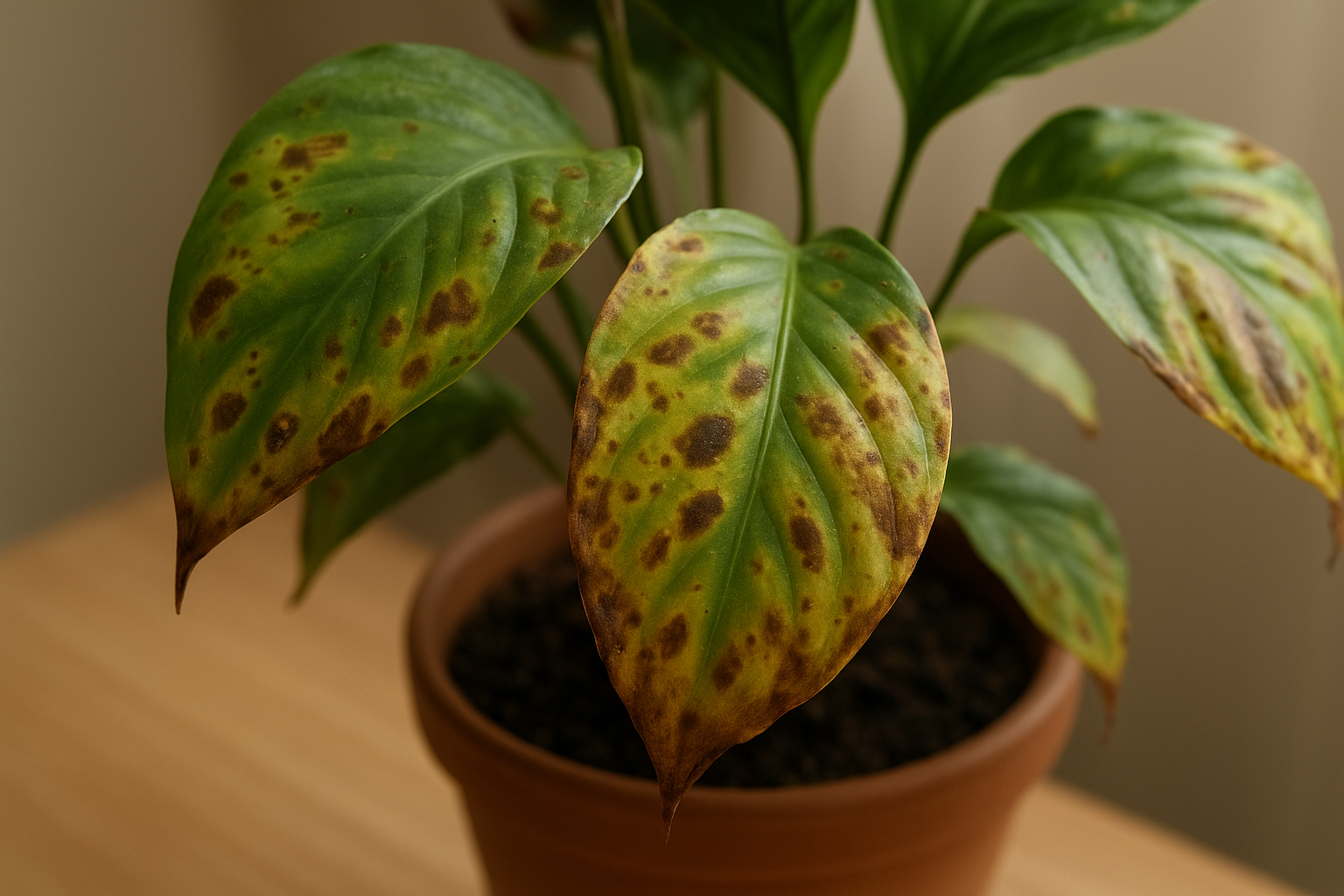 Liście chorej rośliny doniczkowej z widocznymi plamami i oznakami choroby