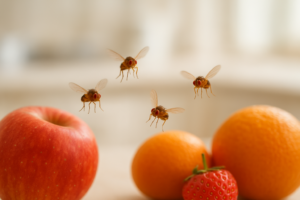 Muszki owocówki krążące nad owocami na kuchennym blacie
