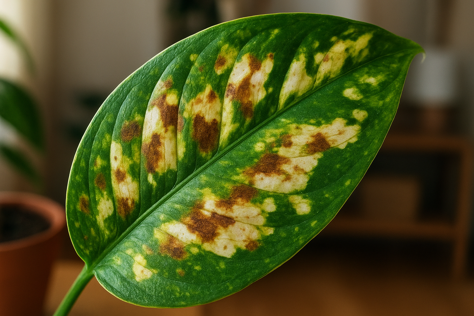 Liść rośliny doniczkowej z wyraźnymi plamami – przewodnik diagnostyczny