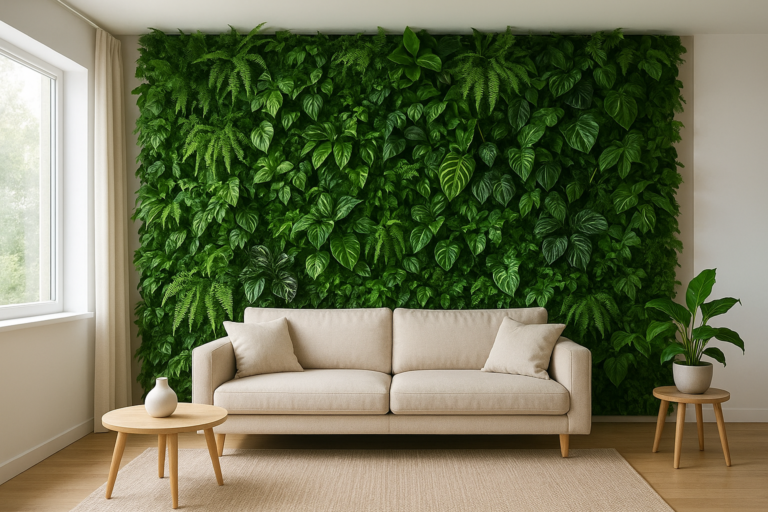 Nowoczesny salon z roślinną ścianą pokrytą różnorodnymi, zdrowymi roślinami doniczkowymi