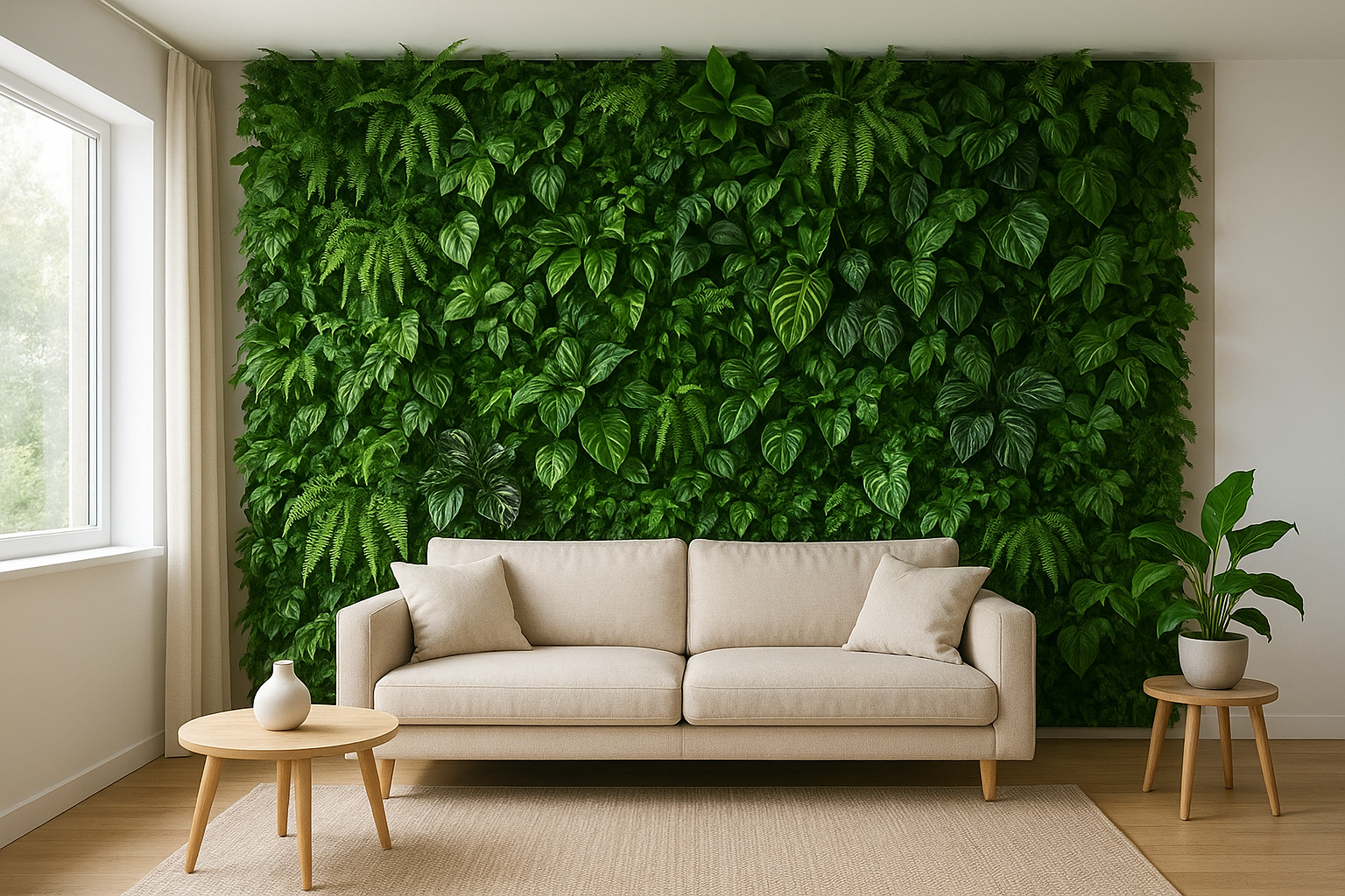 Nowoczesny salon z roślinną ścianą pokrytą różnorodnymi, zdrowymi roślinami doniczkowymi