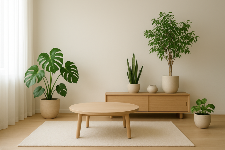 Wnętrze japandi z roślinami doniczkowymi w ceramicznych donicach, minimalizm i harmonia.