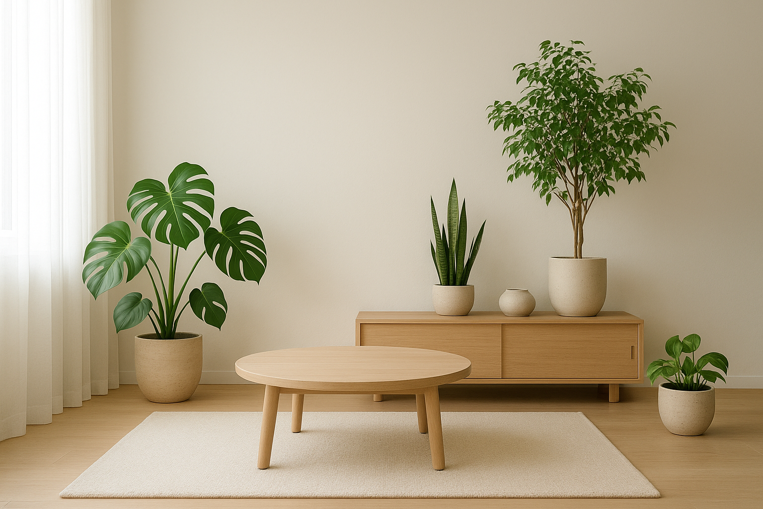 Wnętrze japandi z roślinami doniczkowymi w ceramicznych donicach, minimalizm i harmonia.