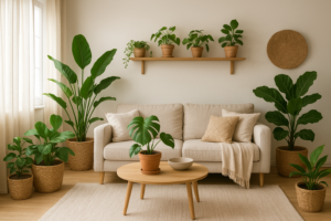 Przytulne wnętrze z roślinami doniczkowymi, wiklinowymi koszami, glinianymi doniczkami i drewnianymi półkami w naturalnej aranżacji.