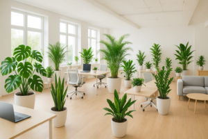 Nowoczesna przestrzeń open space z dużą ilością roślin doniczkowych: monstera, palmy, sansewierie i zamiokulkasy oddzielające strefy pracy.