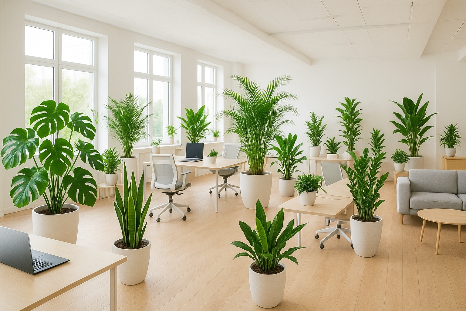 Nowoczesna przestrzeń open space z dużą ilością roślin doniczkowych: monstera, palmy, sansewierie i zamiokulkasy oddzielające strefy pracy.