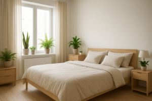 Przytulna sypialnia ozdobiona bezpiecznymi roślinami doniczkowymi na parapecie i szafkach nocnych